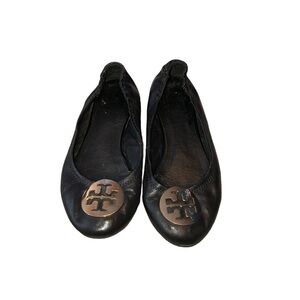 TORY BURCH Womens Black Leather Gold Logo Flat Ballet Shoes Size 7.5